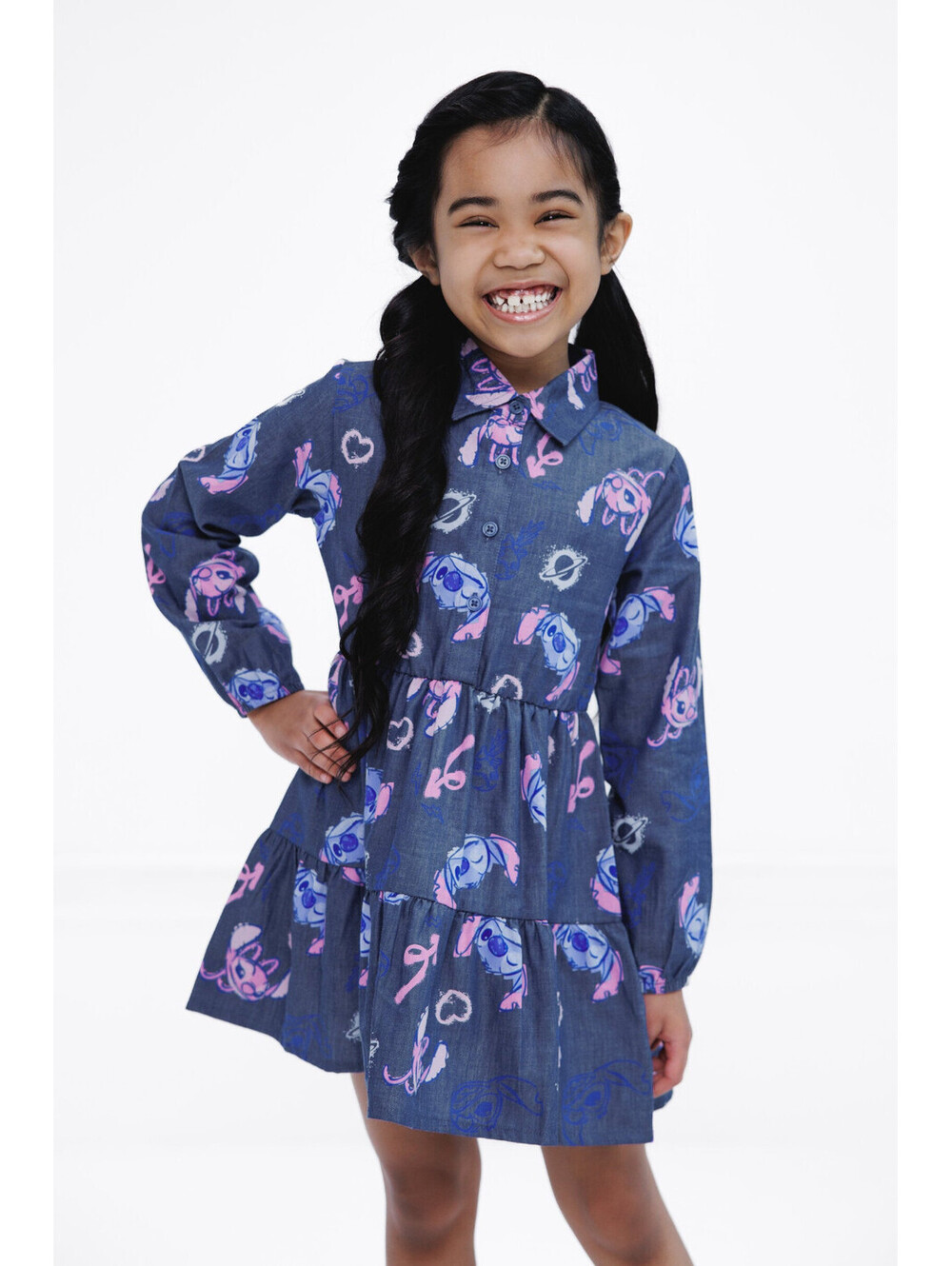 Disney Lilo & Stitch Girls Chambray Tiered Skater Dress Angel Long Sleeve 12
